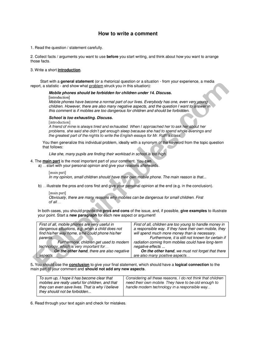 How to write a comment worksheet