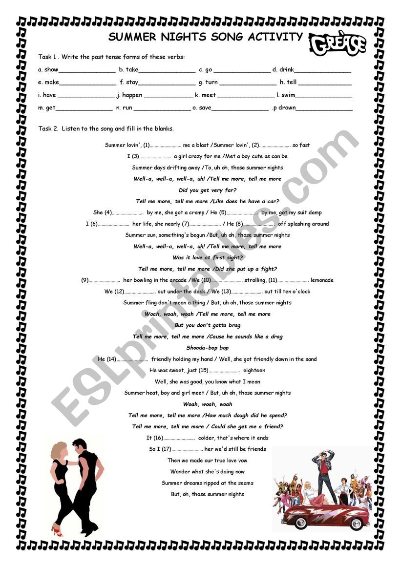 Summer Nights Song Activity for Simple Past Tense