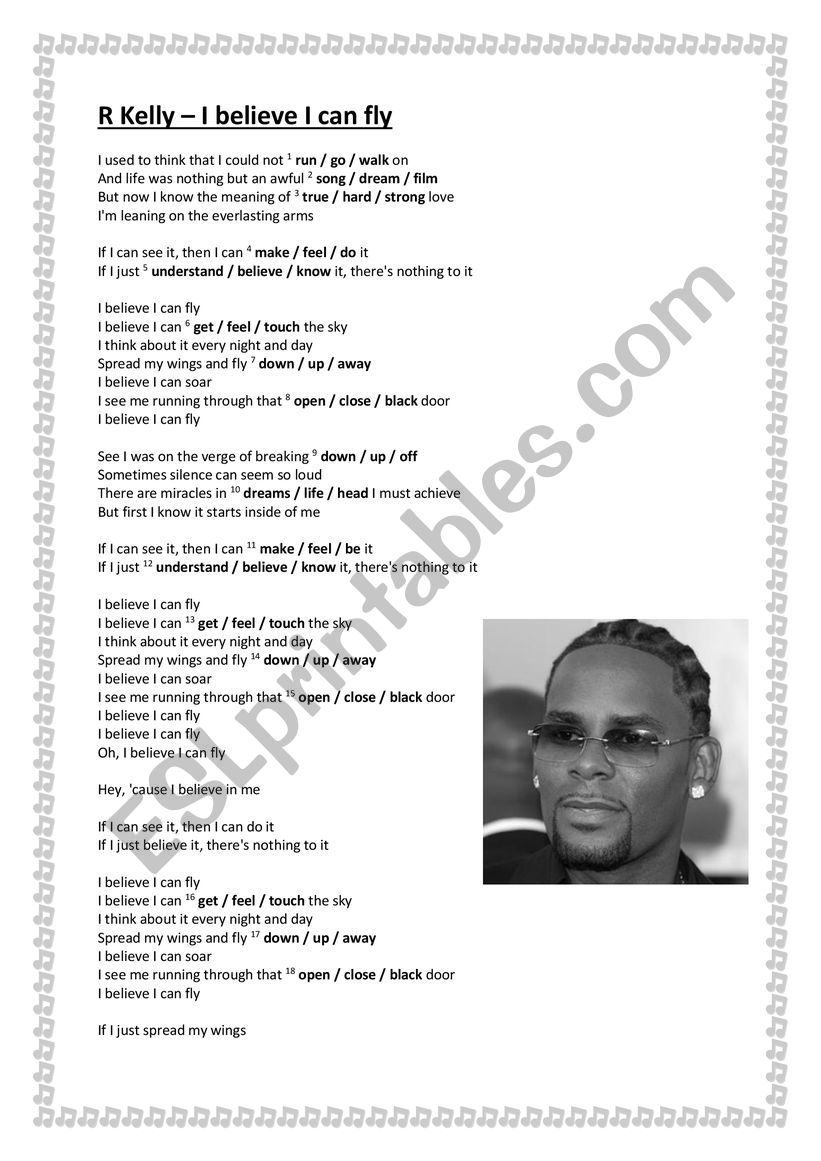 R Kelly - I believe I can fly worksheet