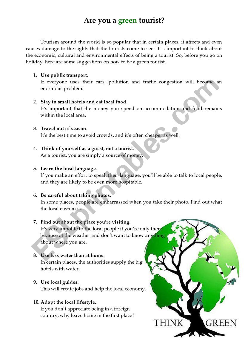 Are you a green tourist? worksheet