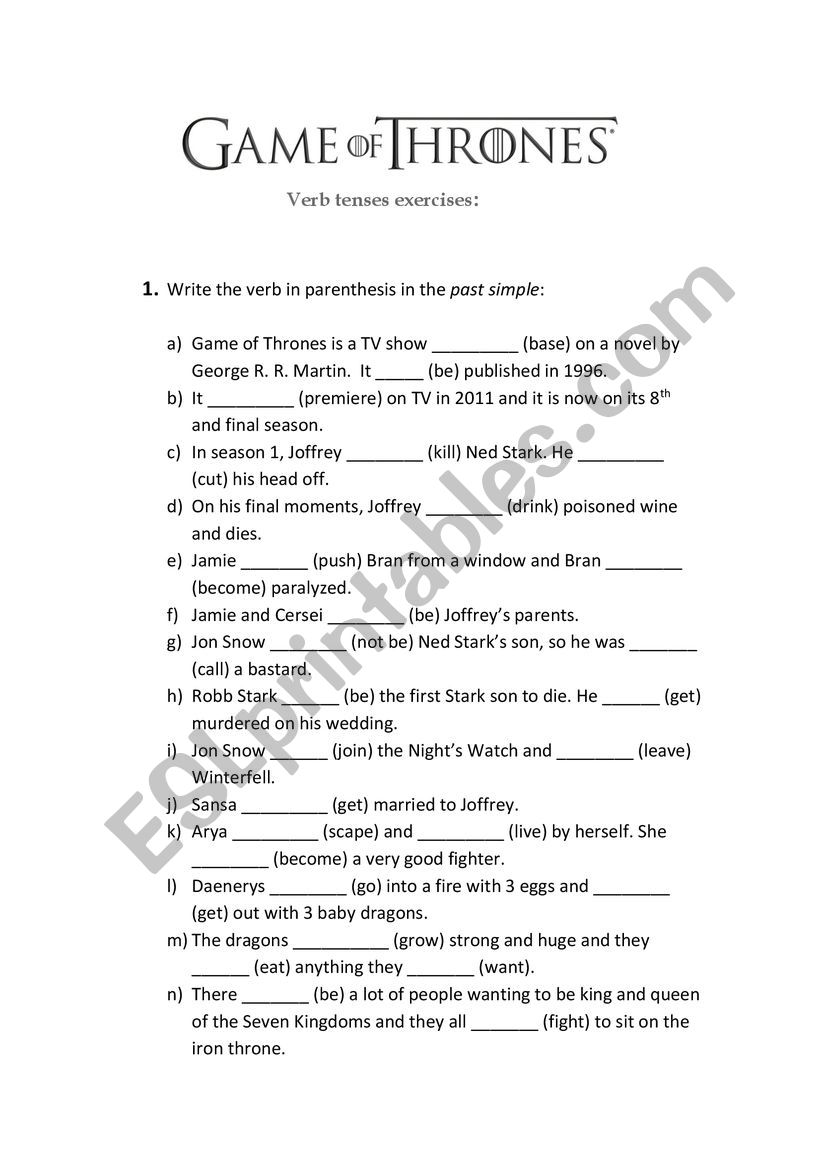 Game of Thrones Past Simple Exercise