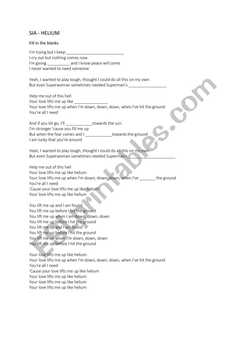 Sia - Helium Song exercise worksheet