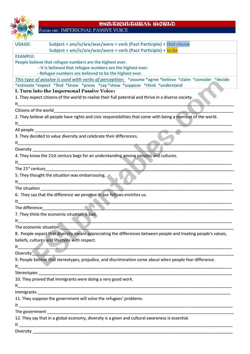 Multicultural society- Focus on IMPERSONAL PASSIVE VOICE