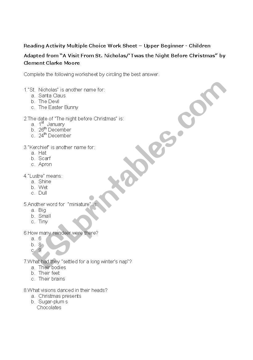 Reading Multiple Choice Worksheet Christmas