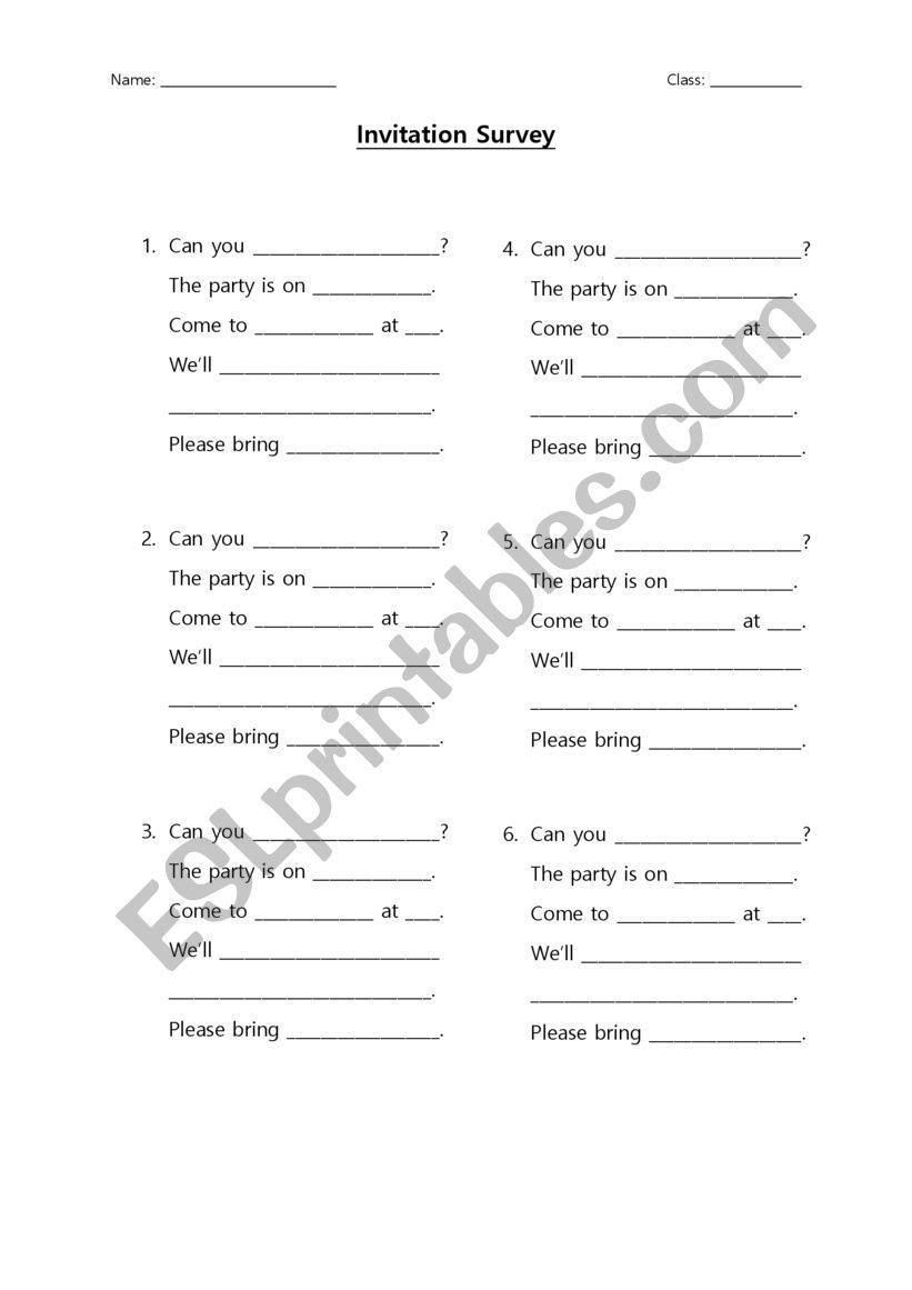 Invitation Survey Worksheet worksheet