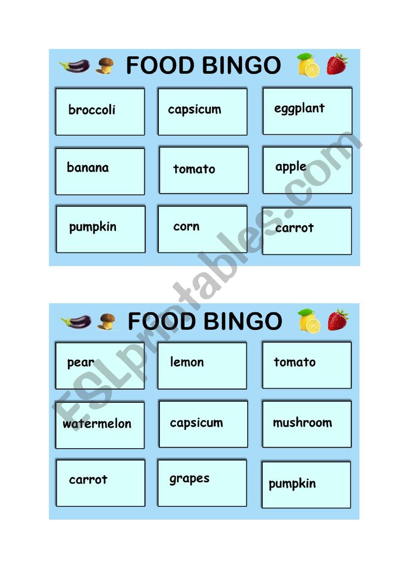 Food bingo worksheet