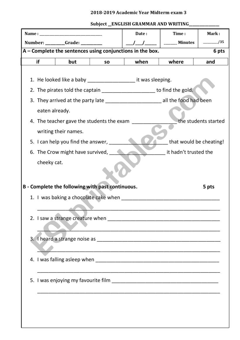 End of term grammar exam worksheet