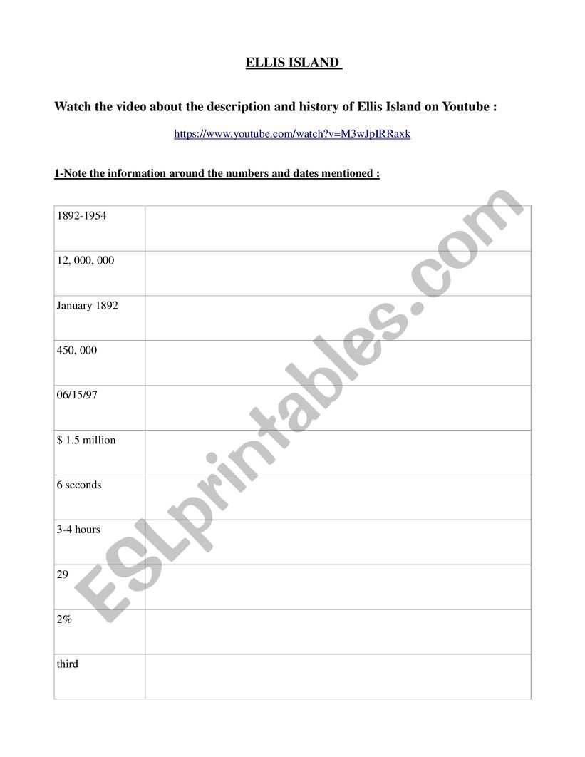 Ellis island worksheet