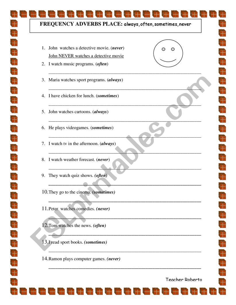 frequency adverbs place worksheet
