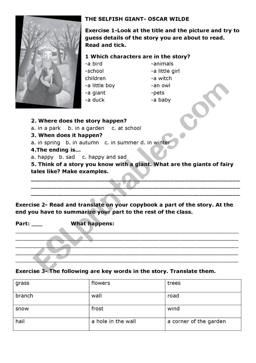 The selfish giant worksheet