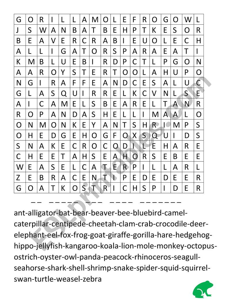 WORDSEARCH: ANIMALS (JUNGLE) worksheet