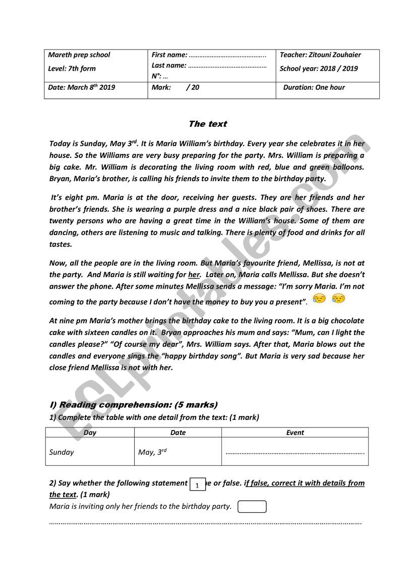 End of term test n° 1 / 7th form - ESL worksheet by alwayshope