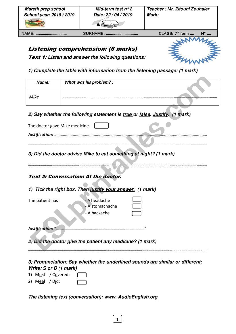 Mid term test n° 2 / 7th form - ESL worksheet by alwayshope