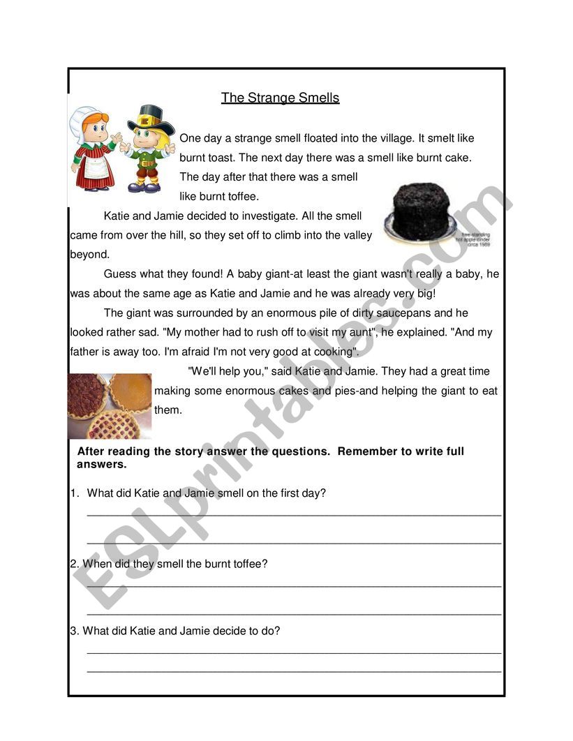 Reading Comprehension: The Strange Smells + Grammar Exercises  Homophones, Subject, Verb, Predicate, Adjectives, Compound Words, Its or Its, Past Tense, Similes, Opposites and Writing