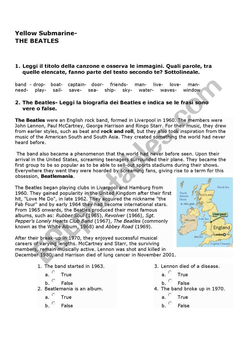 Yellow Submarine Beatles worksheet