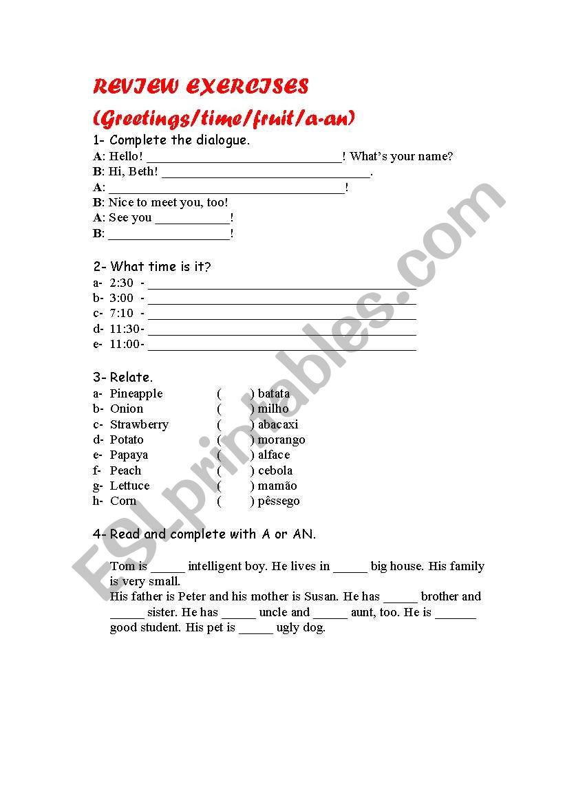 REVIEW EXERCISES - GREETINGS/TIME/FRUIT/A-AN