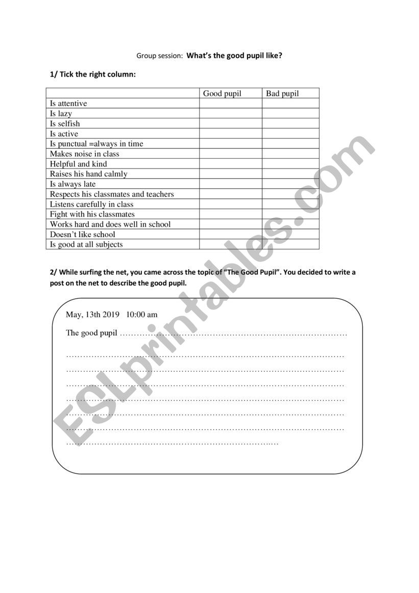 good pupil worksheet