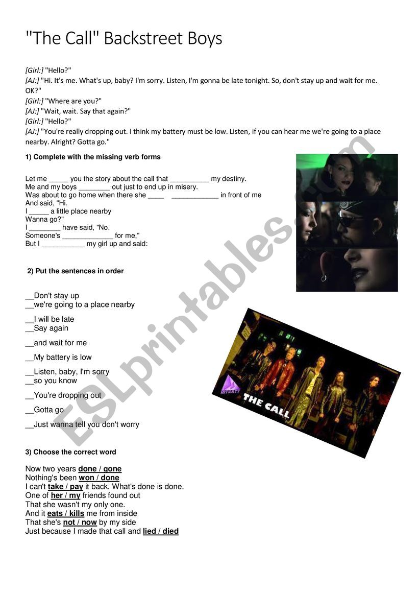 The Call Backstreet boys worksheet