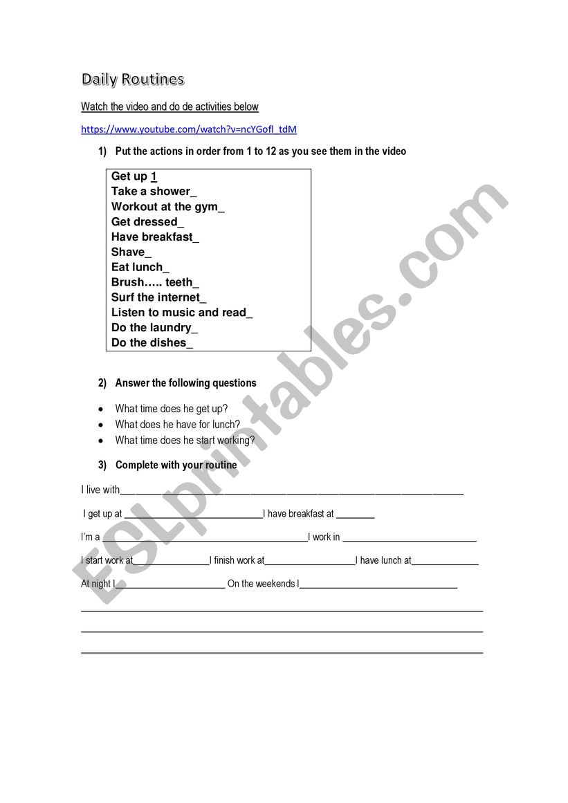 Routines worksheet