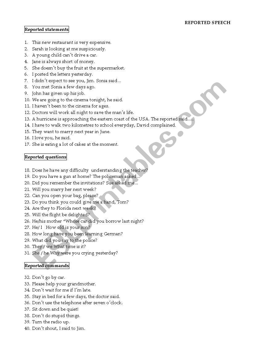 Reported speech worksheet