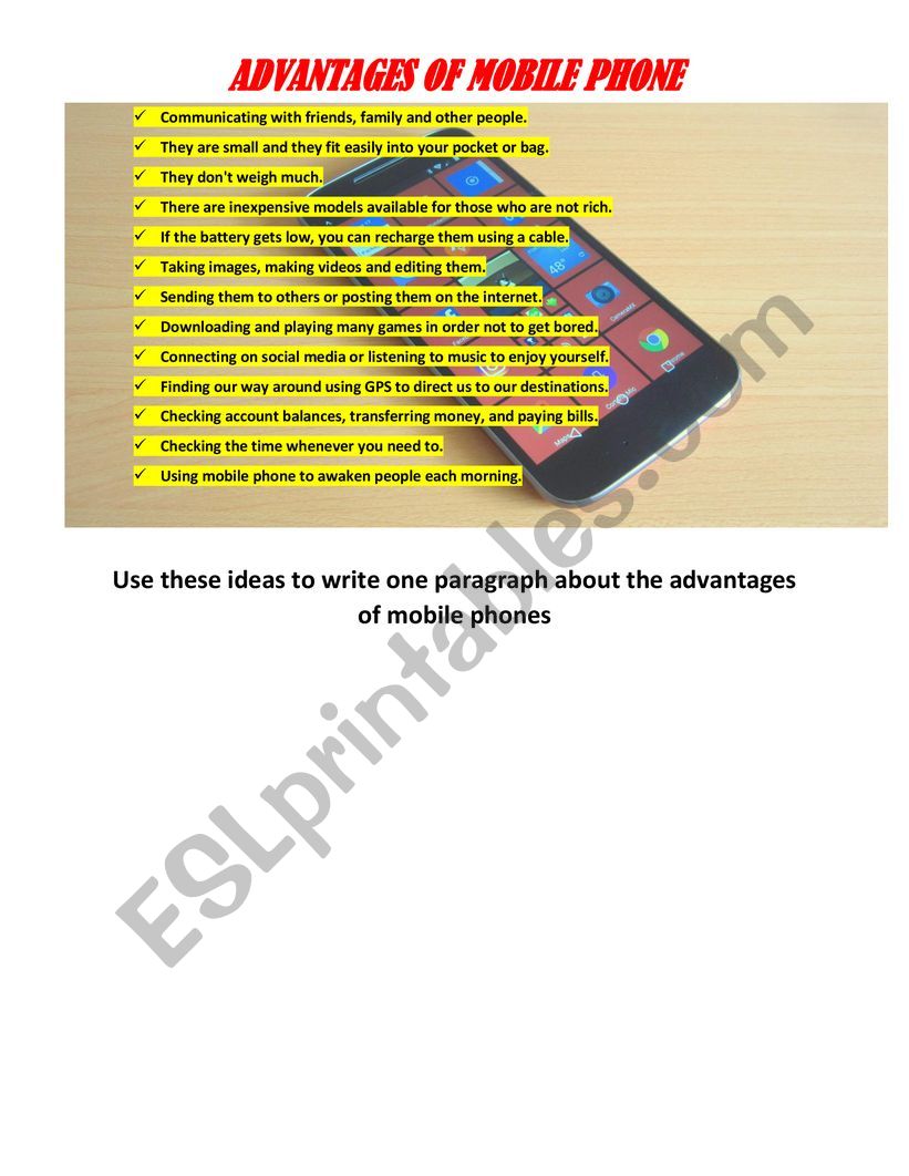 advantages of mobile phones worksheet