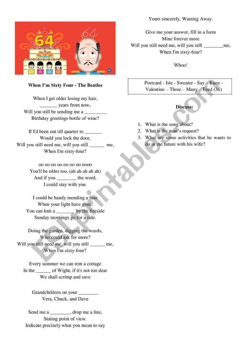 When Im Sixty Four worksheet