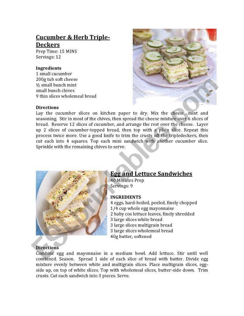 High Tea Cooking Class worksheet