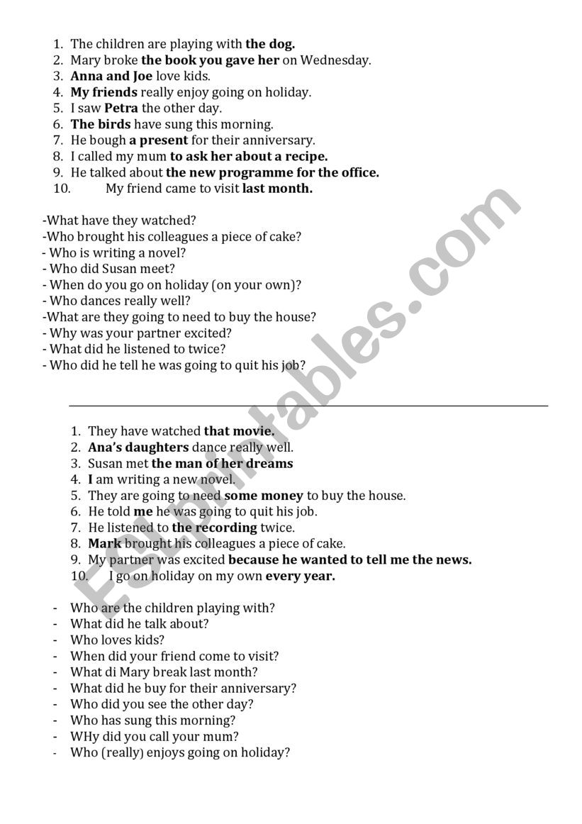 Subject and object questions  worksheet