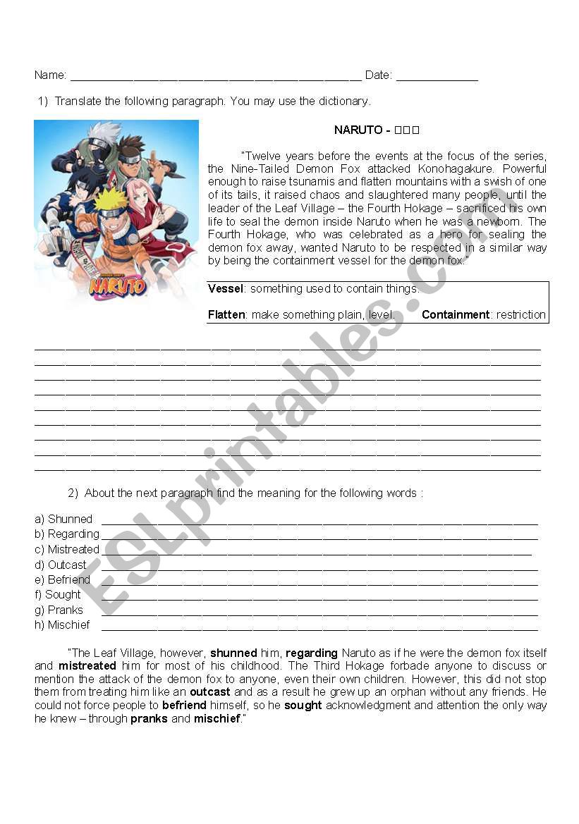 Naruto reading worksheet