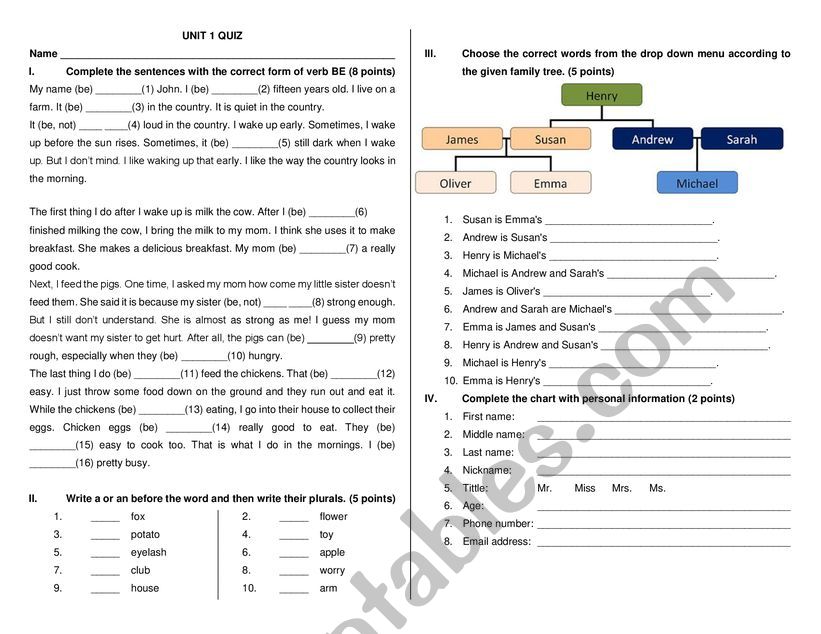 Starter English unit 1 test worksheet