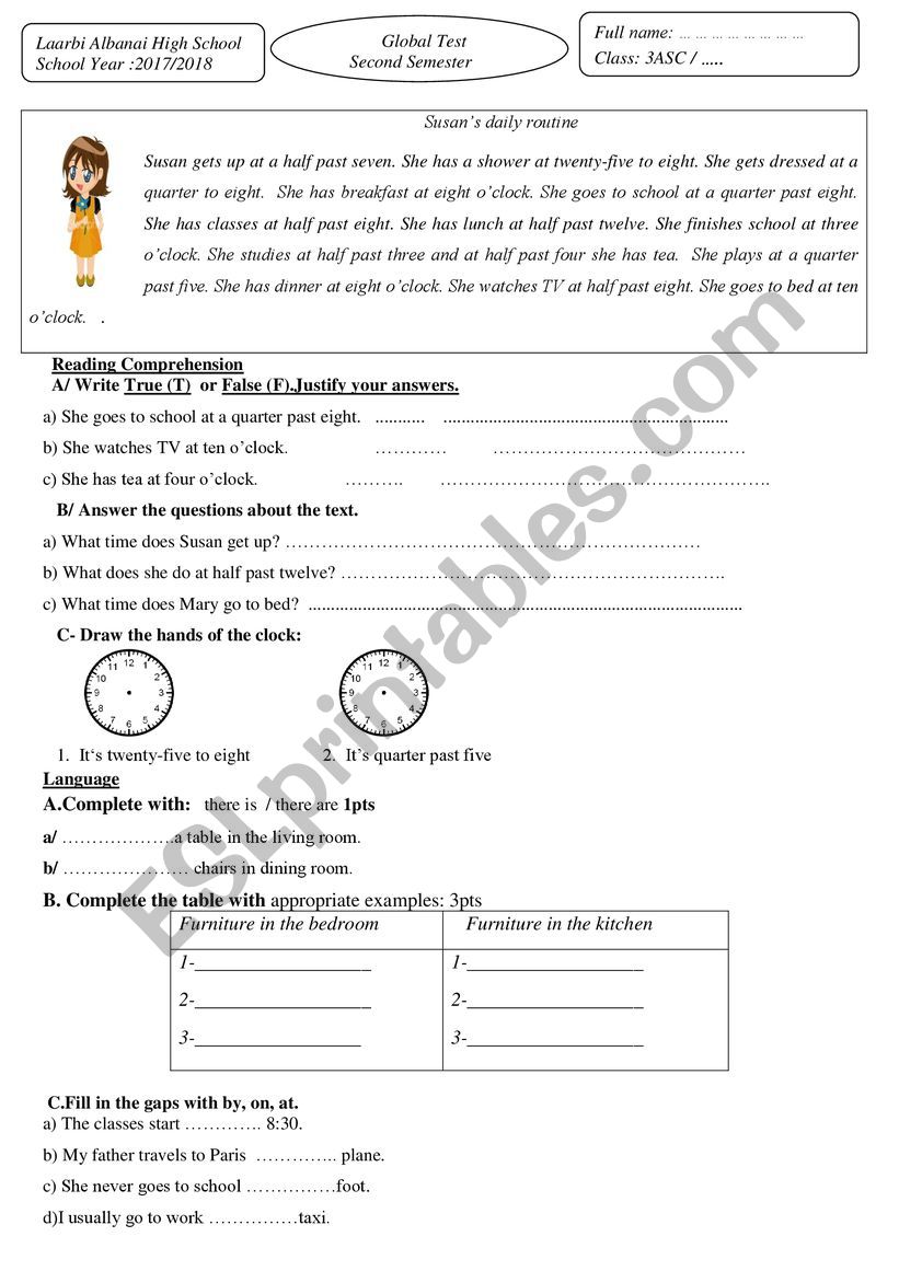 Global test Second Semester worksheet