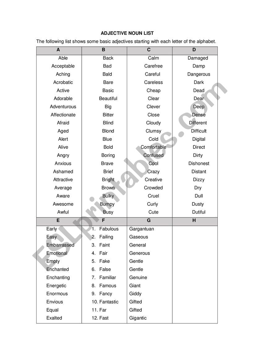 adjective list worksheet