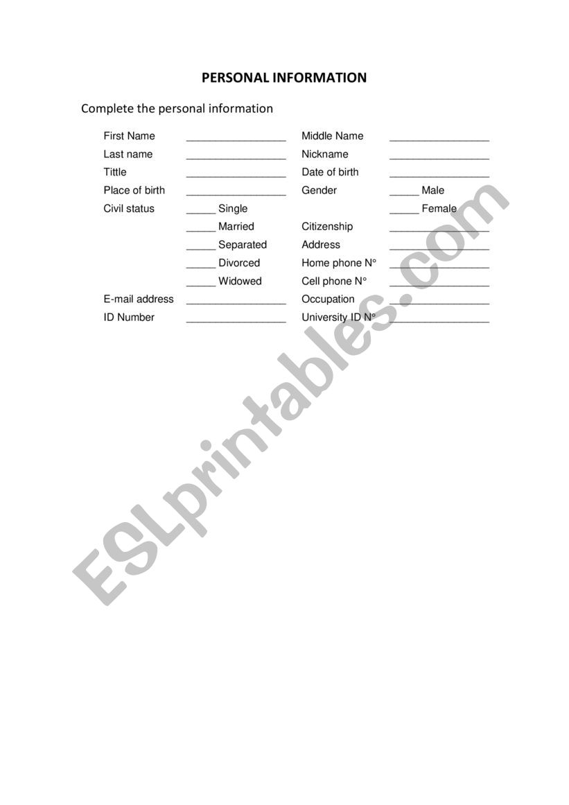 Personal information worksheet