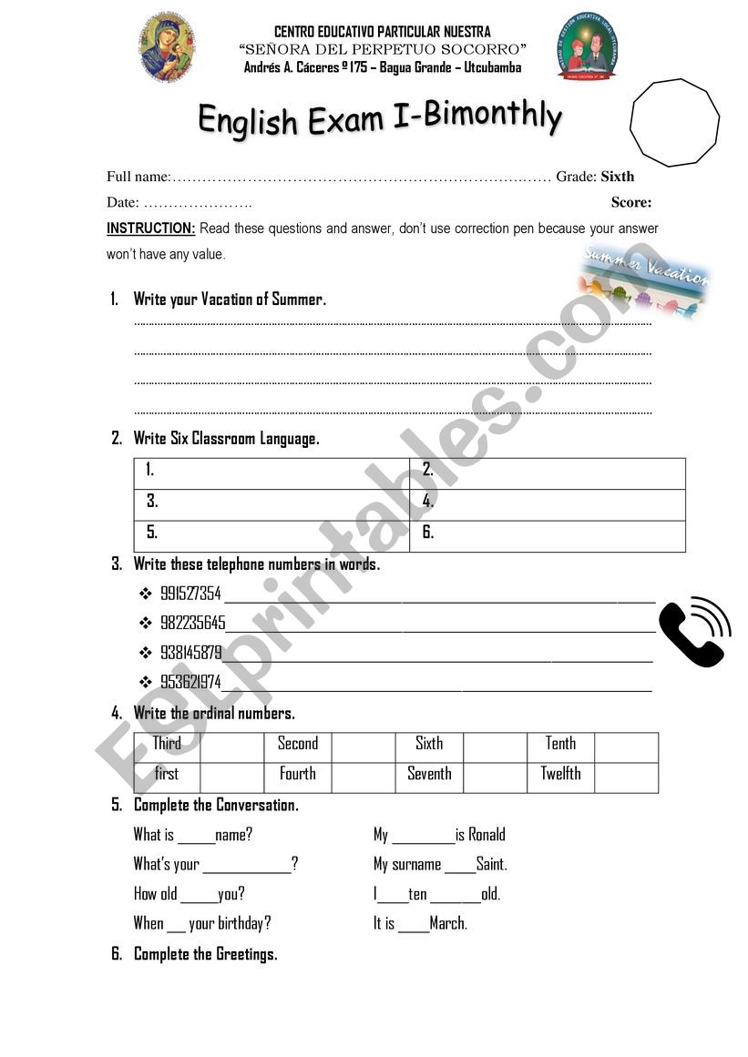 English Exam I-Bimonthly worksheet