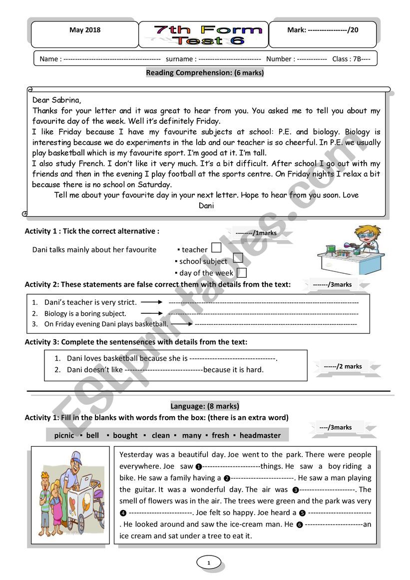 end term 3 test 7th form  worksheet