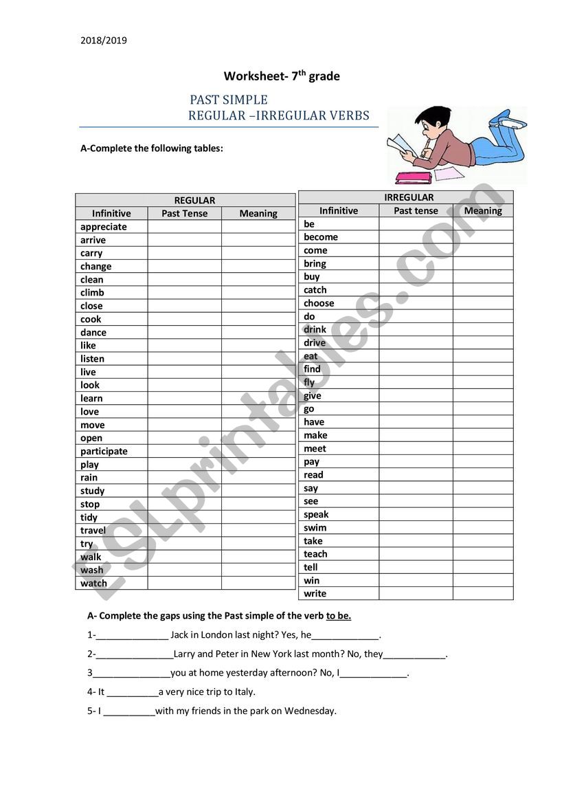 7th grade past simple regular and irregular verbs esl worksheet by carmencosta