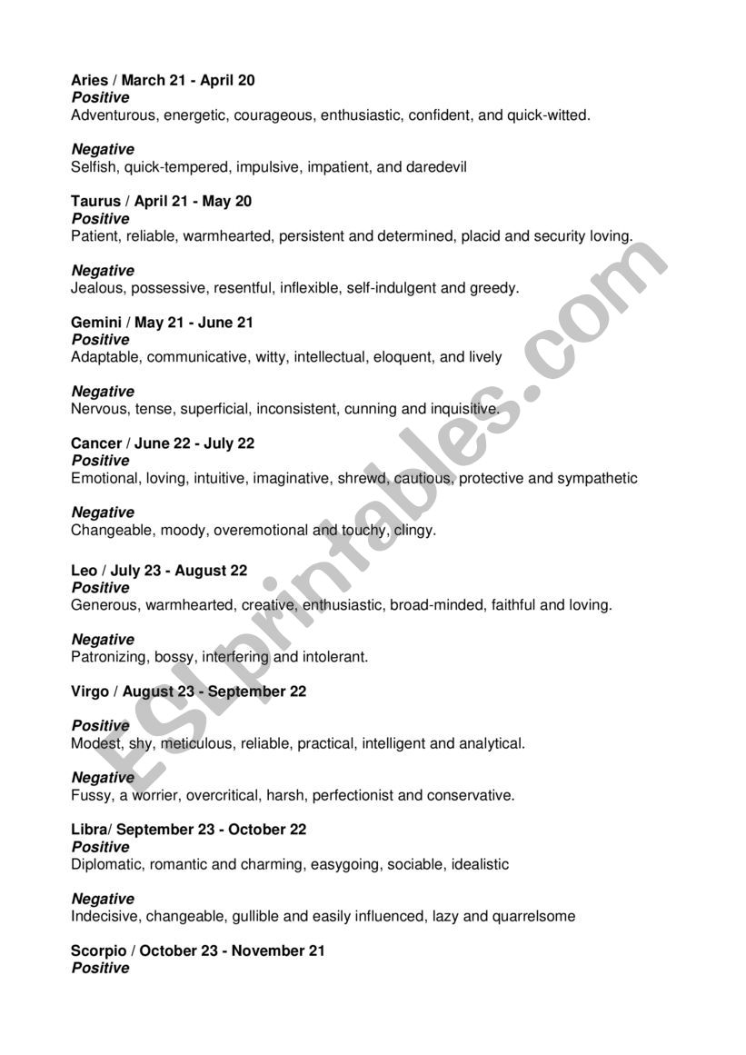 Star sign adjectives worksheet