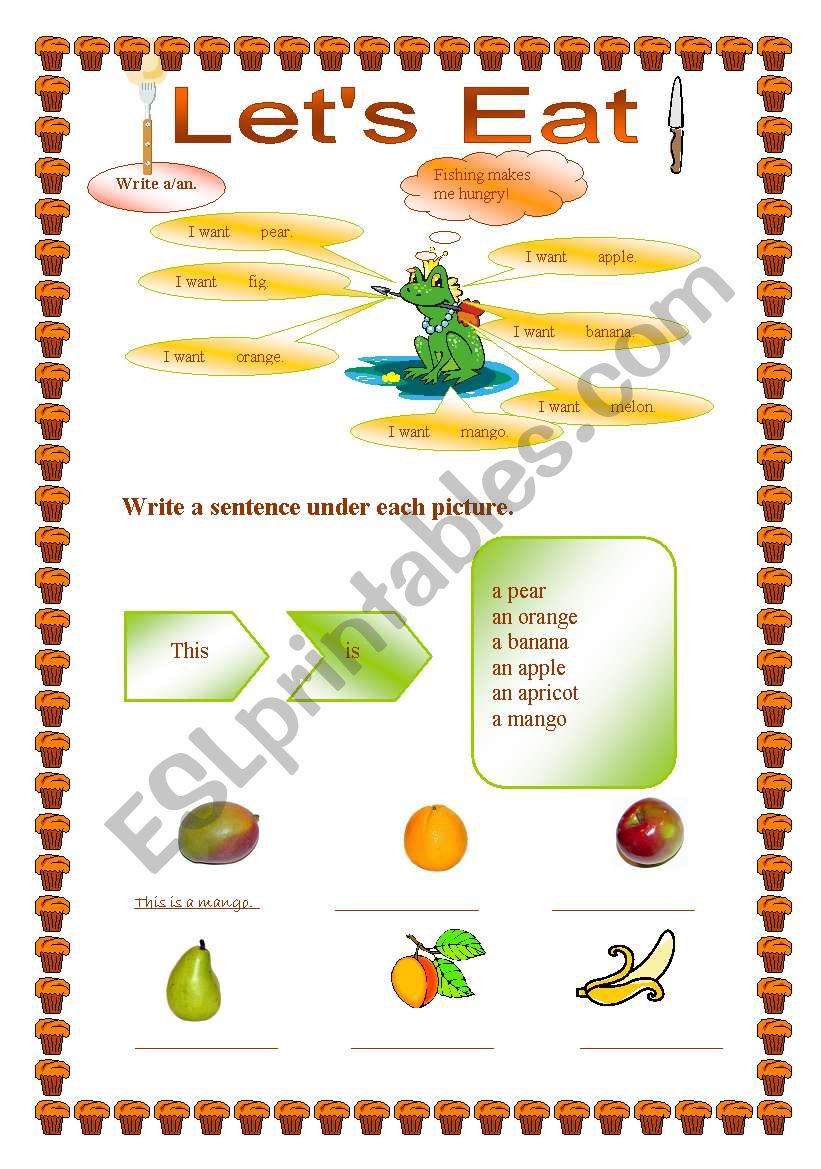 Lets eat - practice a/an worksheet