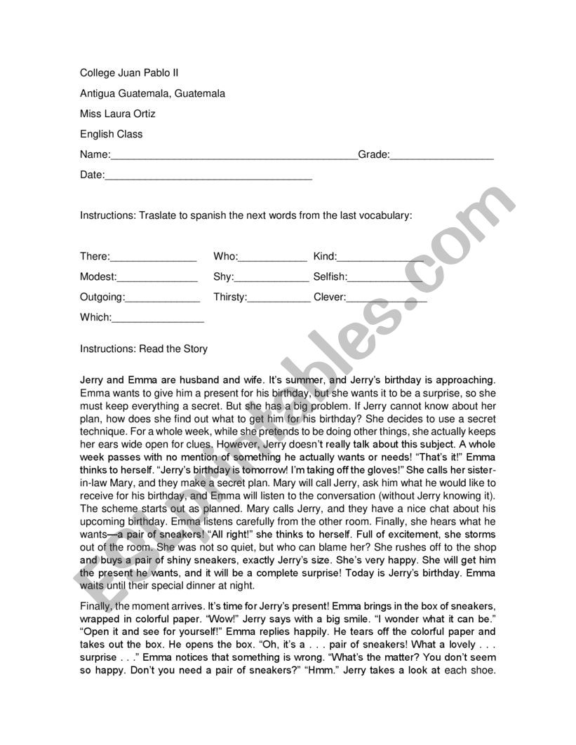 Lecture worksheet and vocabulary test