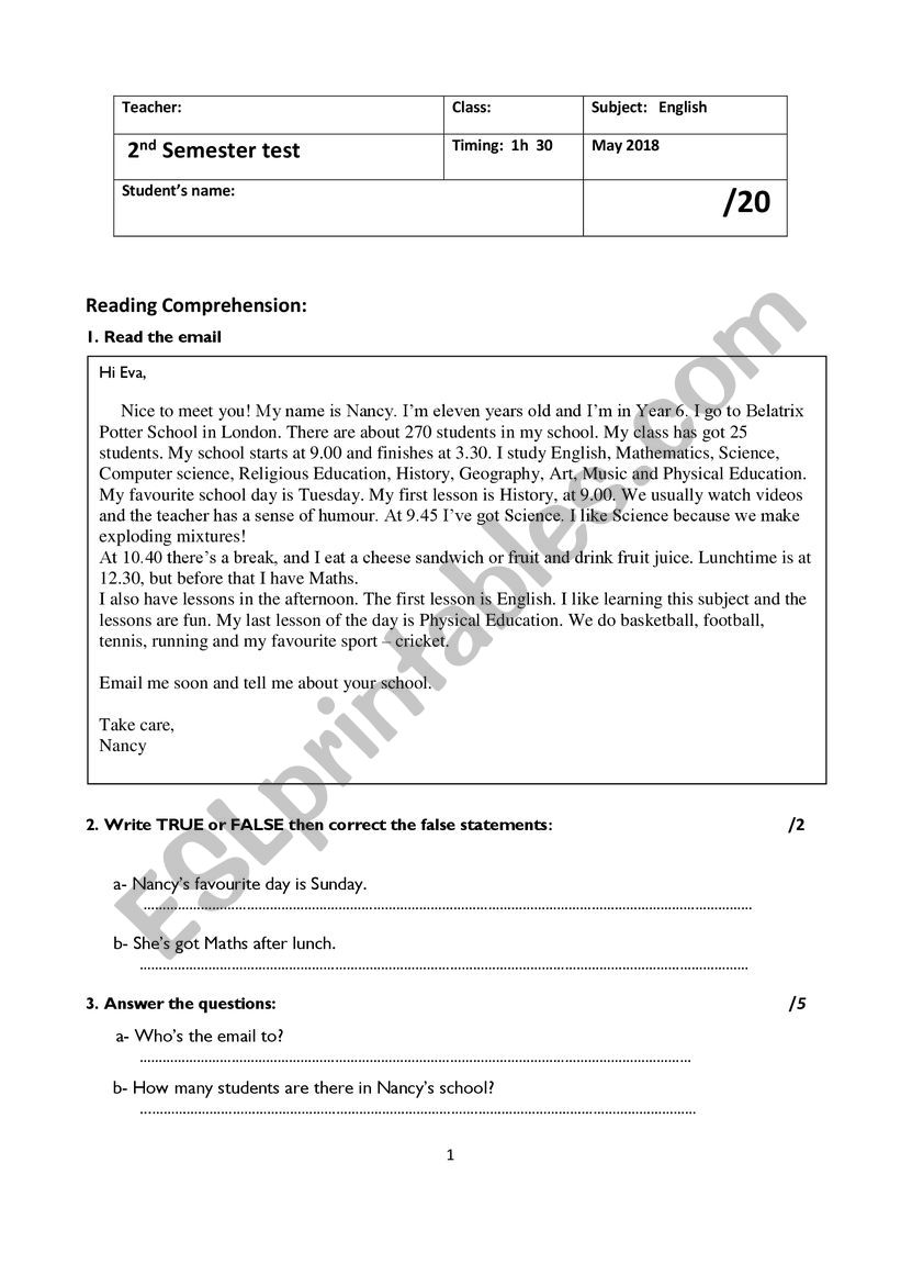 6th grade test  worksheet