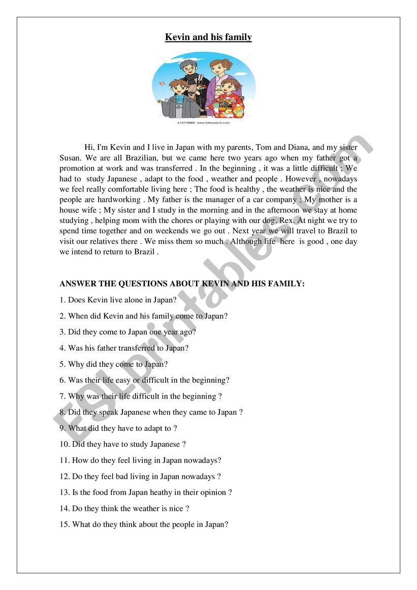 KEVIN AND HIS FAMILY worksheet