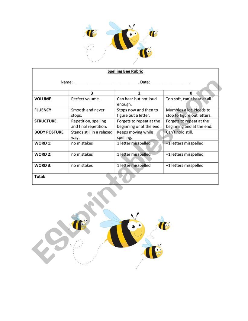 Spelling Bee Rubric worksheet