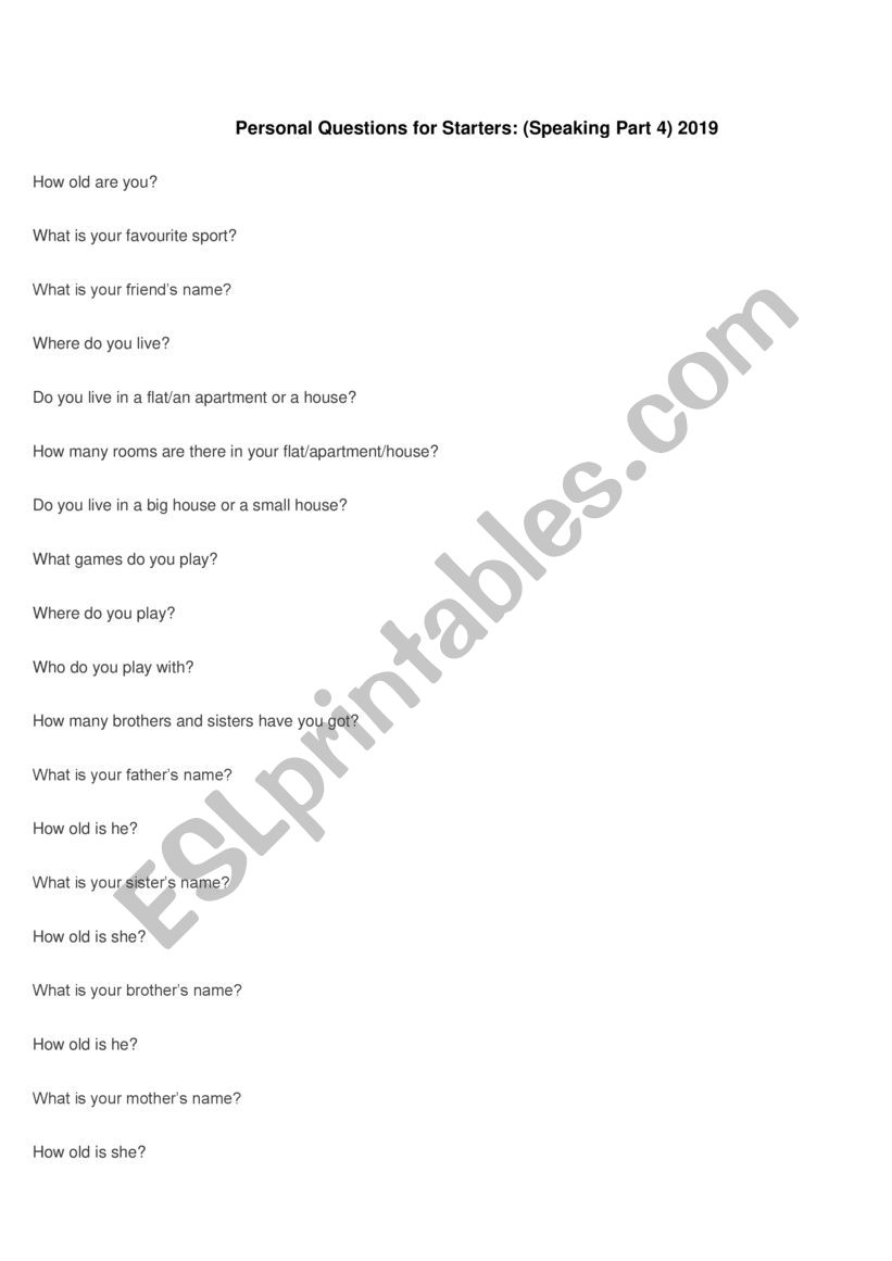 Starters Part 4 Speaking worksheet