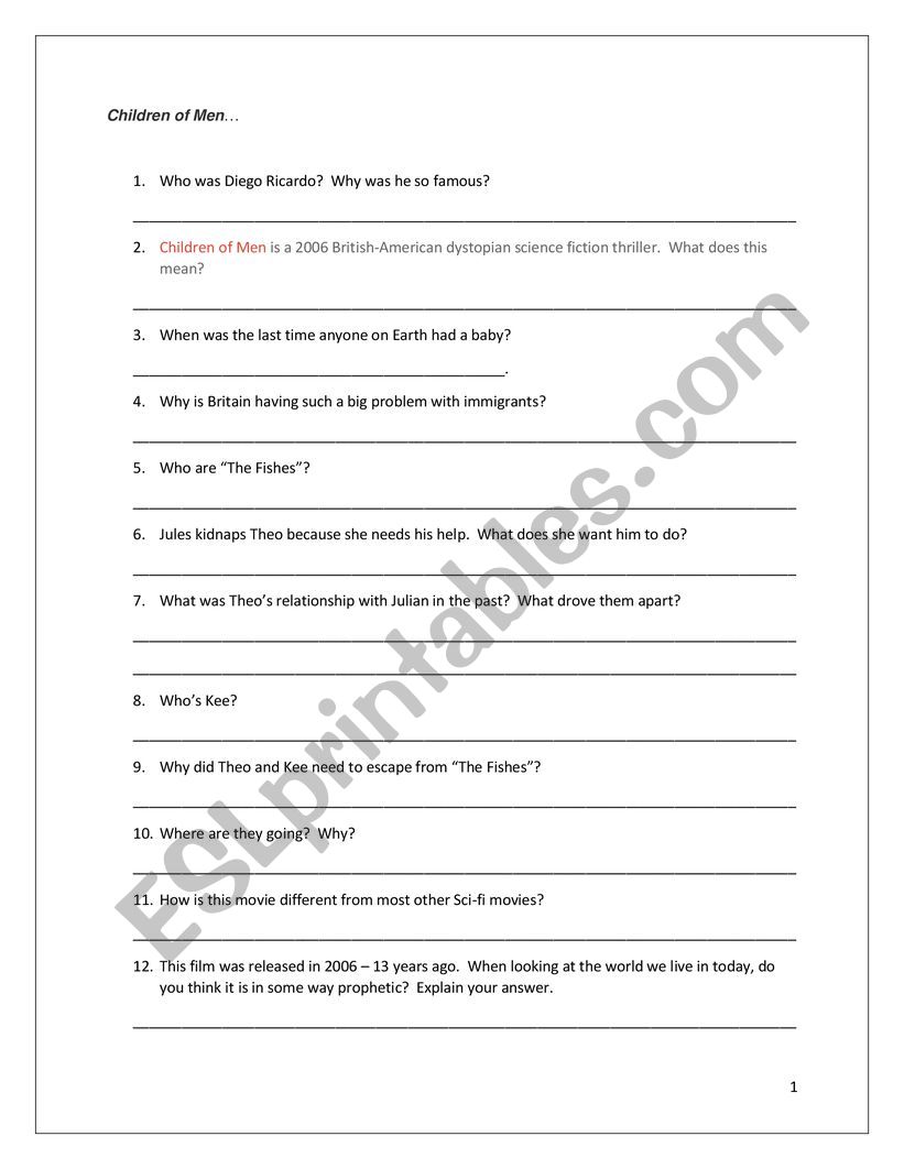 Children of Men worksheet