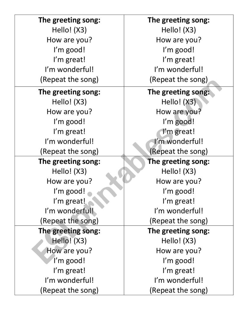The greeting song worksheet