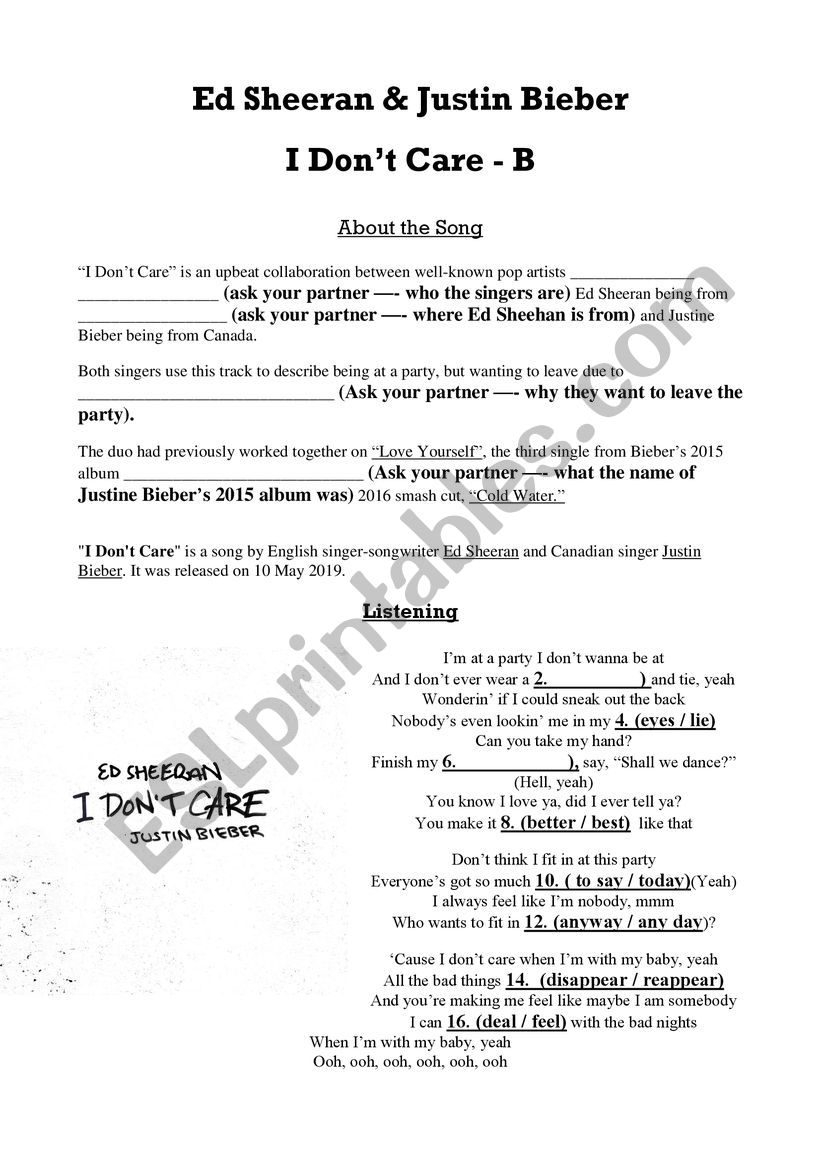 Ed Sheeran Justin Bieber I Don T Care Esl Worksheet By Psrates