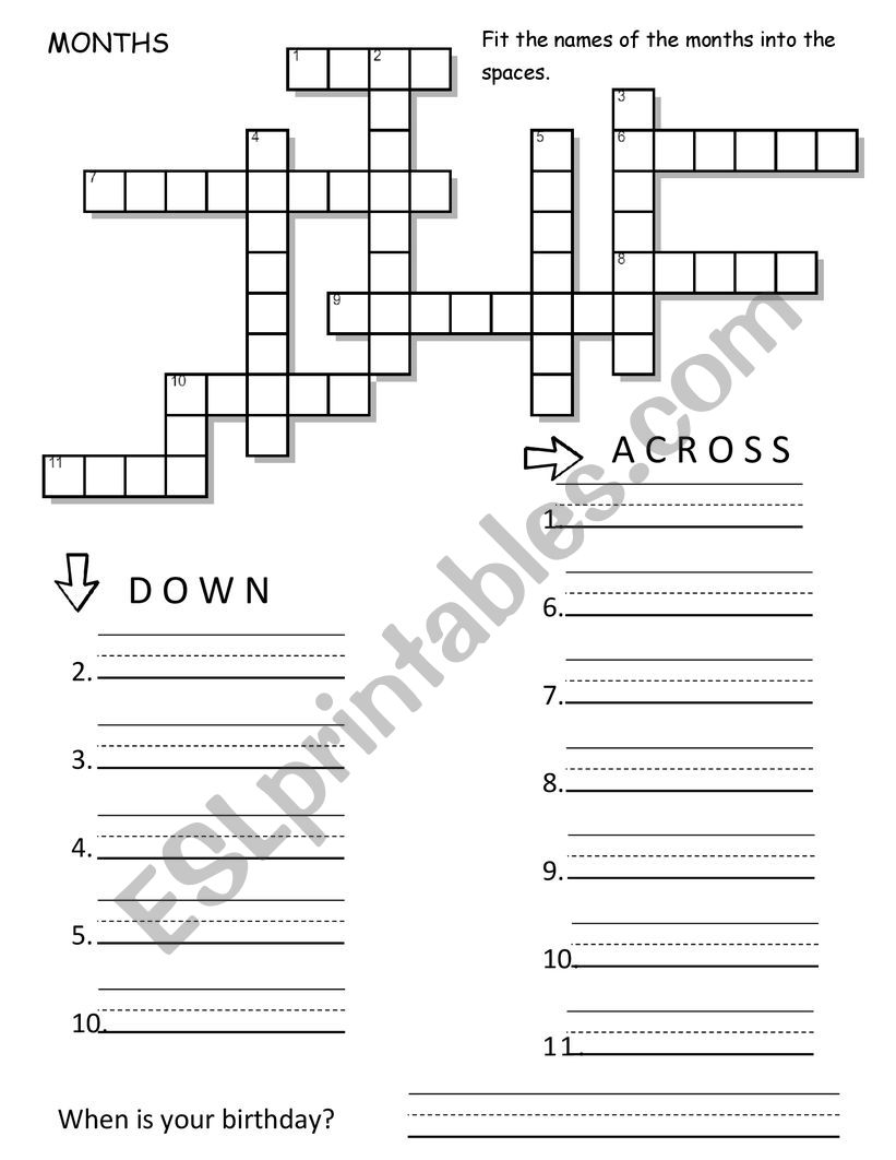 Months Crossword worksheet