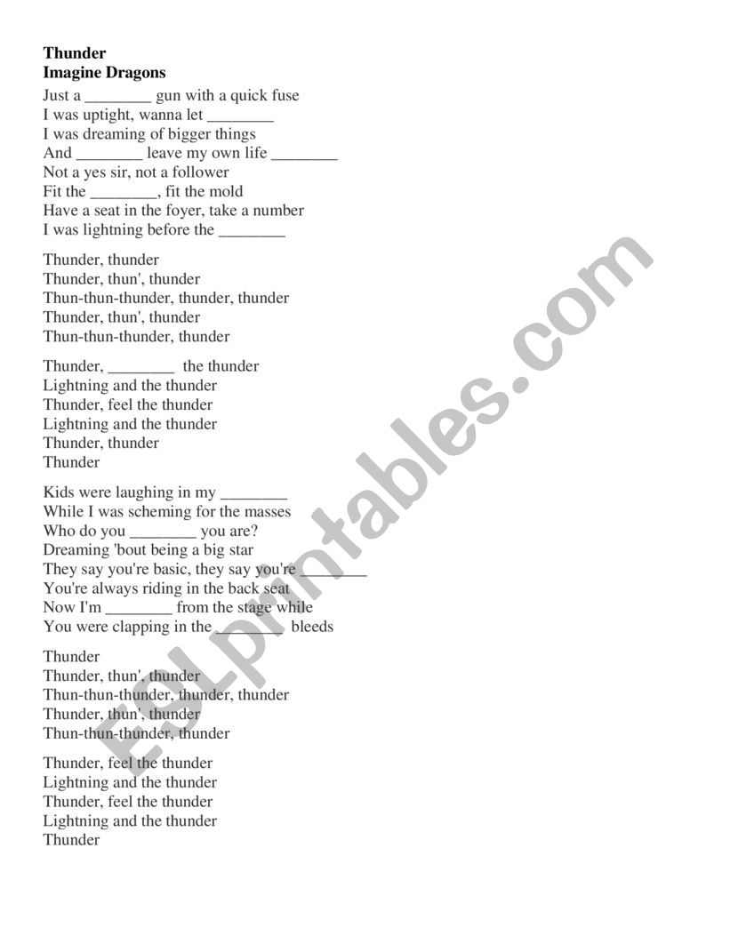 Imagine Dragons Thunder Lyrics With Gaps Esl Worksheet By Nanaatwood