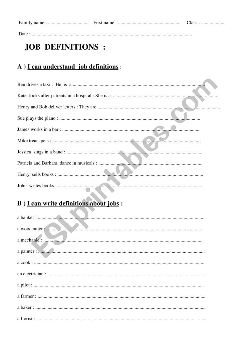 JOB  DEFINITIONS worksheet