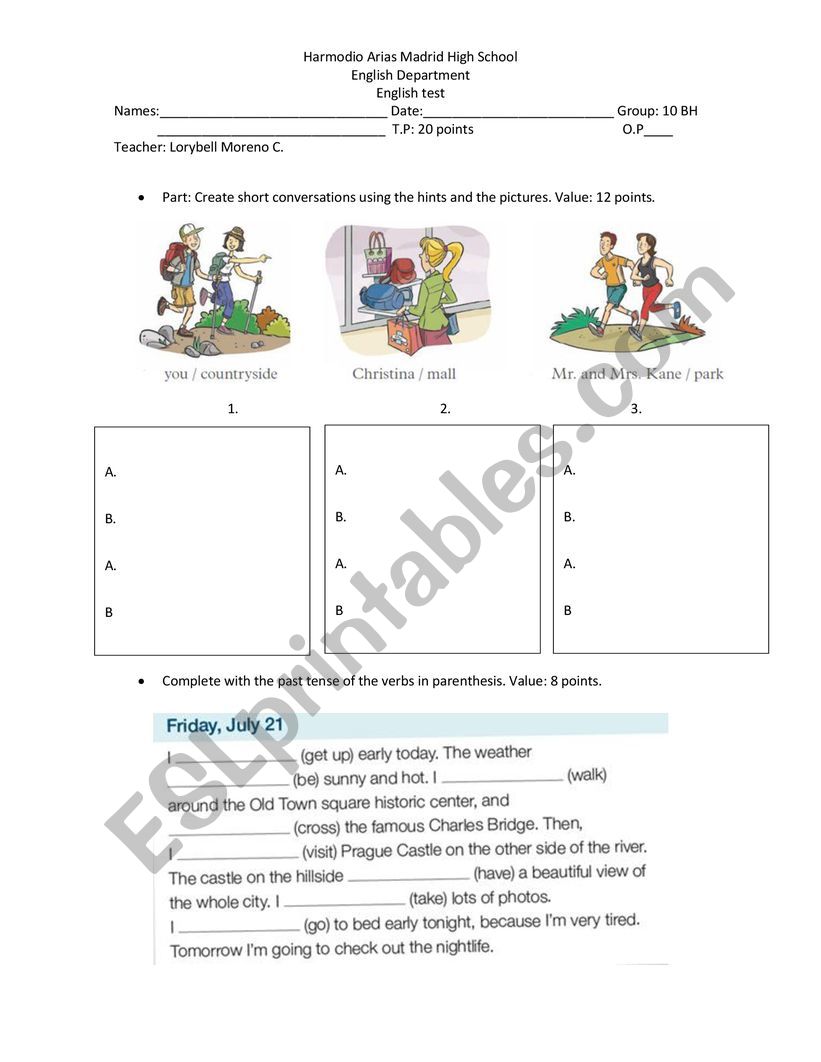 Past Tense test worksheet